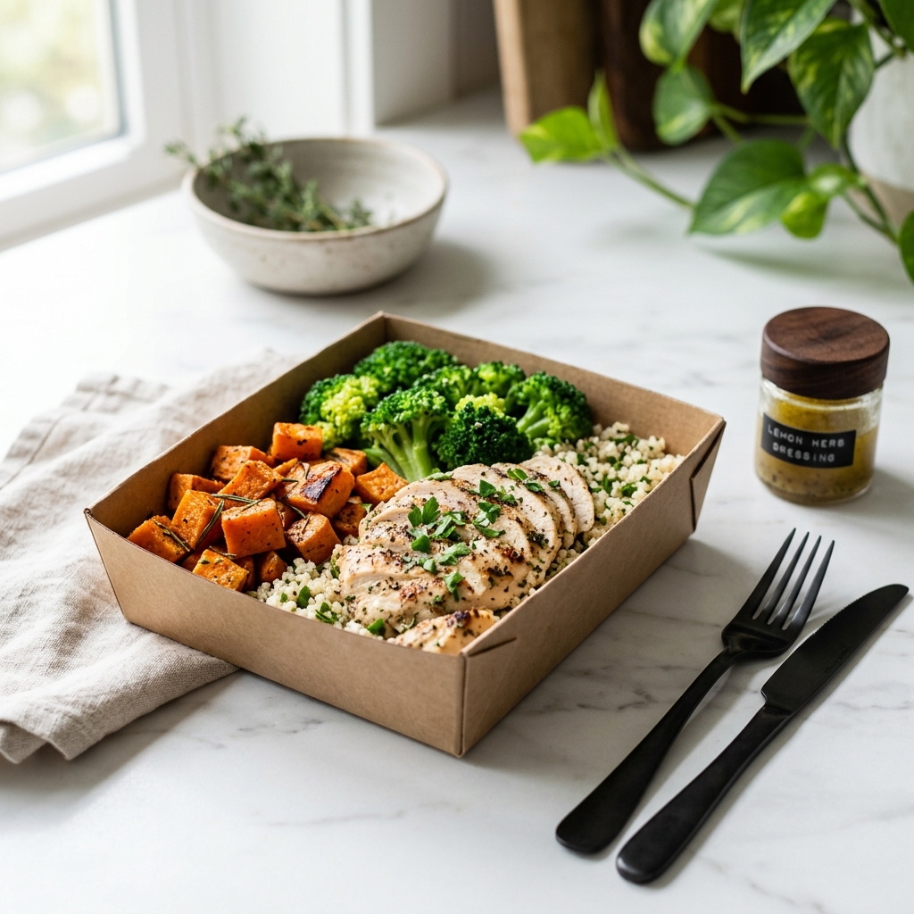 Vianda saludable de pollo grillado con quinoa y vegetales